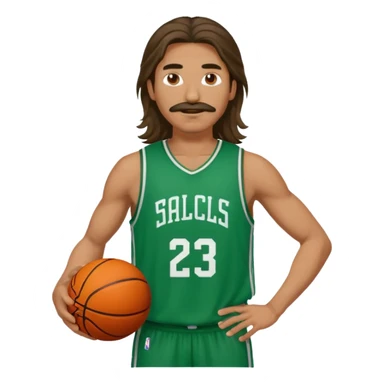 long haired man basketball player green jersey with mustache holding basket ball sticker