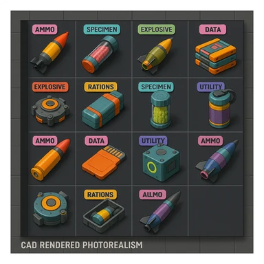a virtual display, a gray grid with darker gray cells, each cell containing an item viewed in isometric minimalism render The cells have pastel neon colored labels in their upper corner, indicating various traits of the items. retrofuturism, circa 2880's.
The items are scientific and military in nature - varieties of munitions, scientific samples, rations, data storage, utilities. There are two arrays of grids, one left, one right. Each array has a few empty spaces at the bottom. "CAD RENDERED PHOTOREALISM" brutalism. the items are adorned in a combination of  bright colors, neon-safety, early 90's pallet, with muted gray tones in EVEN BALANCE. sticker
