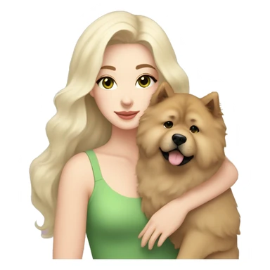 pretty woman with pale skin, very long black hair and green eyes and light pink outfit hugging a beige fluffy chow chow dog sticker