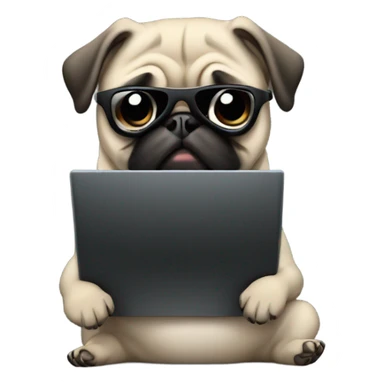 Pug wearing a black hoodie and using a laptop and wearing sunglasses sticker