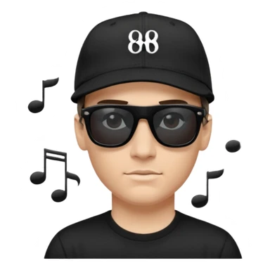 Emoji of a white man with short dark brown hair under a black baseball cap, wearing a black t‑shirt and 1980s‑style black Ray‑Ban rectangle sunglasses black lenses, with black musical notes floating around his head,  sticker