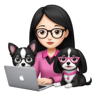 Asian girl with long black hair working on an Apple laptop, next to her is a small black and white dog with pink collar on  sticker