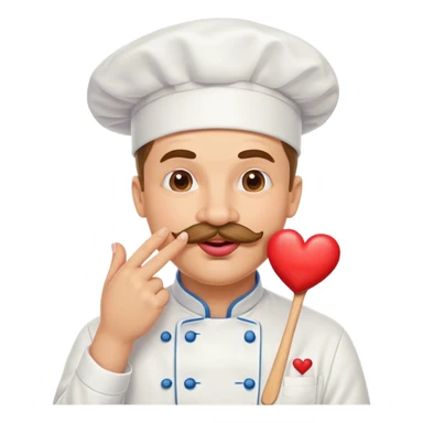 Happy Mustachioed chef with puckered lips kissing his pinched together fingertips hand with a heart emoji sticker