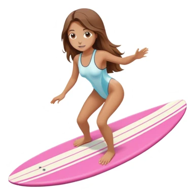 Girl with long brown hair surfing at pink short board in the white swimsuit  sticker