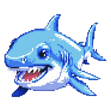 smiling shark with visible white teeth and blue body sticker