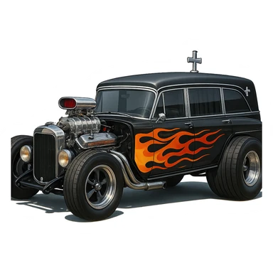 a cool hearse car, hot rod inspired, flames on the side, oversized wheels sticker