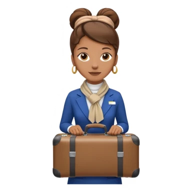 flight attendant, Light Brown skin, brown hair in single bun, neck scarf, suitcase sticker