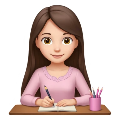 pretty smiling long brunette hair girl with hazel eyes wearing light pink dress writing sticker