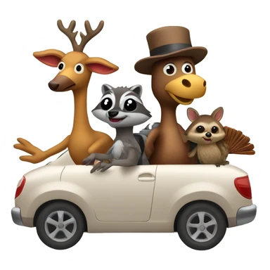 Turkey, raccoon and deer riding in car sticker