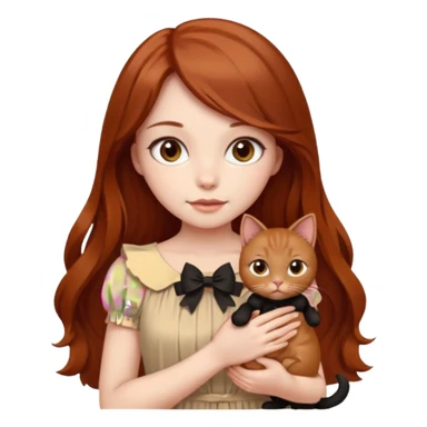 a beautiful girl with long red and brown hair, clear brown eyes, in a beige dress and with a beige bow holds two black cat in her hands sticker