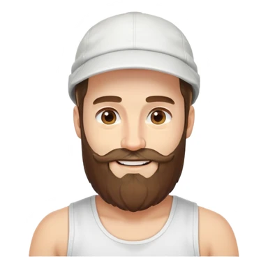 Alex Hormozi, white man with mid-long hair wearing a cap, big beard, smiling, white tank top sticker