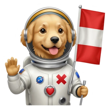 golden retriever in space suit holding red rectangle flag sticker