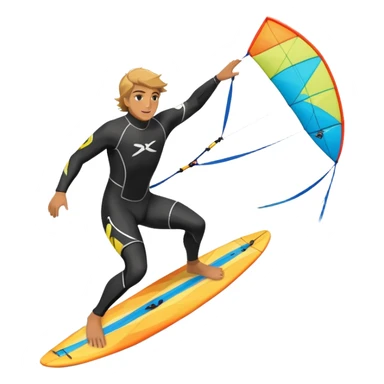 An athlete in a wetsuit riding a kiteboard, soaring over the sea waves with the kite high in the sky. The background features a vibrant blue sky and crashing ocean waves, capturing the thrill and freedom of kitesurfing in dynamic motion. sticker