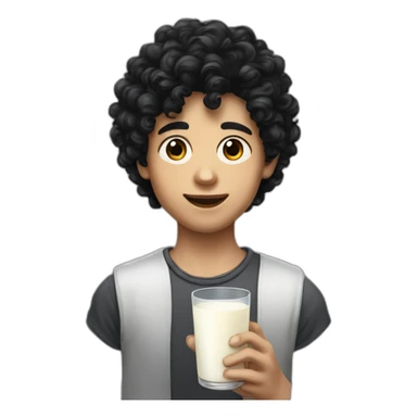 A portrait from the shoulders up of pasty white teenage boy with dark black curly hair holding a wineglass of milk sticker