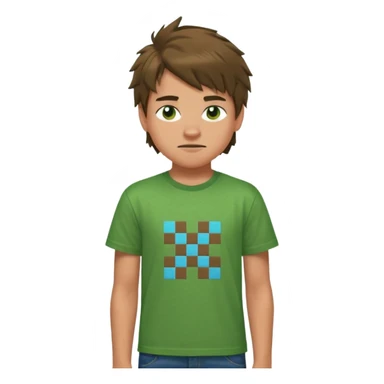 A 14 yerar old teenage boy, slightly tanned, wearing a green minecrcaft tshirt, blue jeans and green sneakers with brown tousled hair, smirking sticker