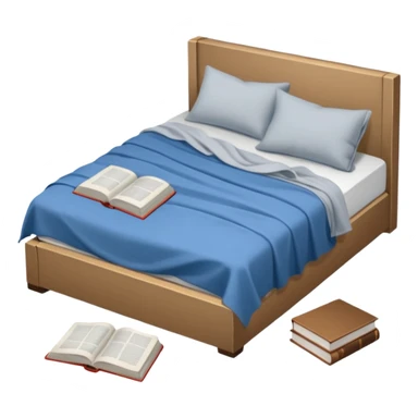 messy bed with a wrinkled blanket, the pillow out of place on the floor. Around the bed, scattered items include a t-shirt, pants, and an open book on the floor. sticker