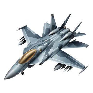 Draw a modern fighter jet with sharp wings, camo design & missiles mounted. sticker