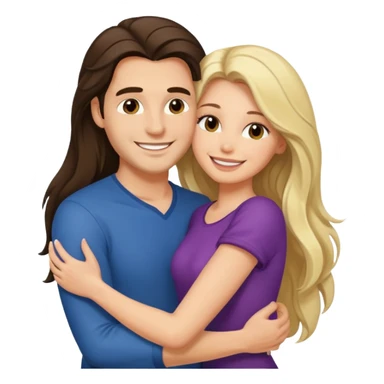 A happy boyfriend and girlfriend hug. She is brunette sexy with long hair. He is blonde sticker