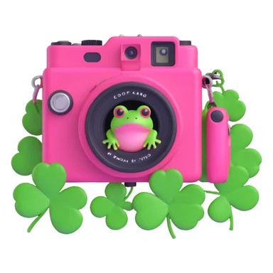 A pink camera with a frog on the screen and clovers around, 3D iOS style, vibrant pink camera with green frog and clovers, variation 3 sticker