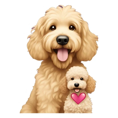 A goldendoodle and a miniature poodle hugging with heart sticker