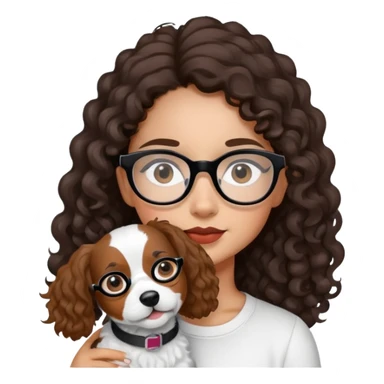 A girl whit dark brown long curly hair and black glasses and a jack russel sticker