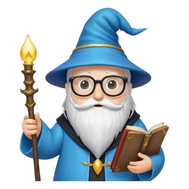 cartoon penguin wizard with glasses, a long beard, and a spellbook, surrounded by magical effects, emoji style sticker