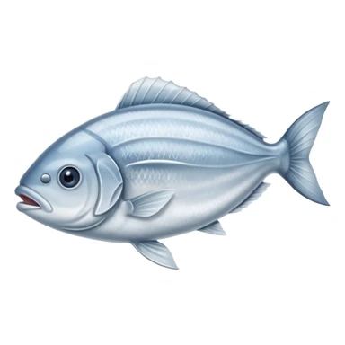 whole silver fish or fillet encased in a thin layer of frost, subtle ice crystals on the surface, slightly muted color tone, texture firm and chilled, clean defined contours, no packaging, tray, or garnish, soft lighting, subtle shadows, emoji scale sticker