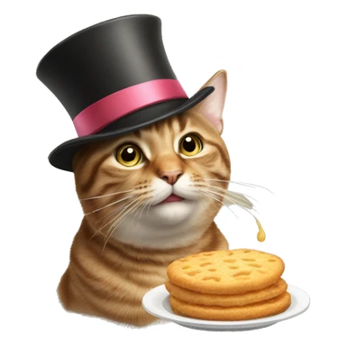 tabby cat with a tophat and a bow trying to eat food sticker