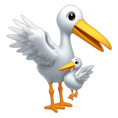 stork delivering a white human baby boy in fabric held in its beak you can see the baby head from the fabric with a smile sticker