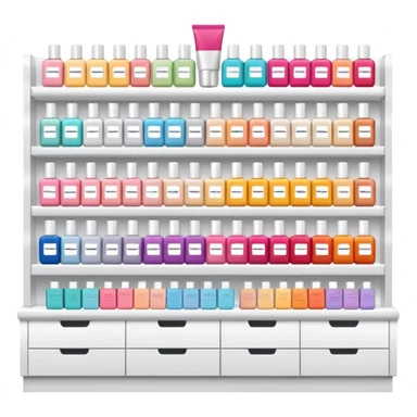 big beauty salon showcase with well-organized brand-labeled beauty products on a white shelves sticker