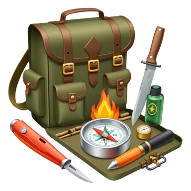 bushcraft survival kit with knife, compass, and fire starter sticker