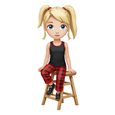 A blonde girl with a ponytail, a black tank top, and red plaid pajama pants, and blue eyes, standing on top of a stool sticker