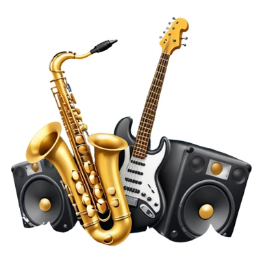Icon for R&B Music Listening: large concert speakers and headphones with waves of musical notes coming out, along with drums, bass guitar and saxophone. The icon should convey the energetic and rhythmic vibe of R&B music. Transparent background sticker