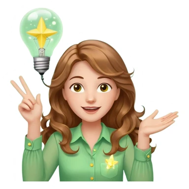 Joyful and imaginative woman with fair skin, long wavy light brown hair, hazel eyes, wearing a light green blouse with yellow accents, holding a glowing lightbulb and gesturing outward. Surrounded by stars, sparkles, speech bubbles, a paper plane, and a small heart. Waist-up, front-facing sticker
