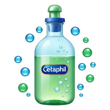 Cetaphil white bottle with light green cap and blue-green label, glowing softly. Surrounded by tiny light orbs and silky sparkles flowing like hydration waves. Feels like a gentle skin shield potion in a glossy, minimalist flask. sticker
