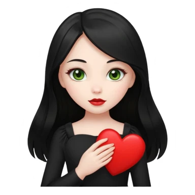 Pale girl with long black hair and olive green eyes wearing black dress and holding a heart sticker
