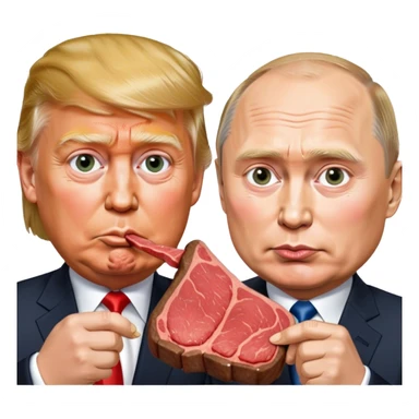photorealistic Donald Trump and Putin eating a steak shaped like an piece of land sticker