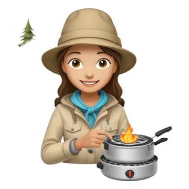 A woman camper boiling water on a portable stove, enjoying the outdoor sticker