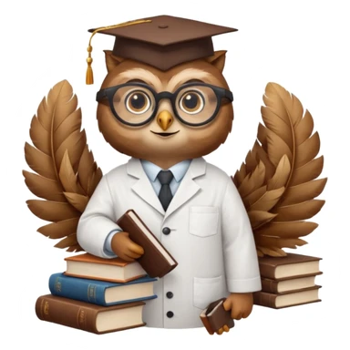 Wise owl with glasses, wearing a lab coat, perched on a stack of books. sticker