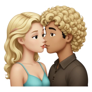 blonde haired girl kissing curly black haired boy. white couple sticker