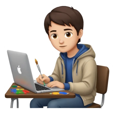 boy working in Macbook, he is graphic designer and paint artist, he seat front side and hair dark brown color sticker