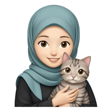 Asian white girl wearing hijab holding a black grey tabby cat while smiling sticker