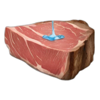 glass of water suspended horizontally in the air above a slice of rare steak on a plate, the water pouring out onto the top of the steak sticker