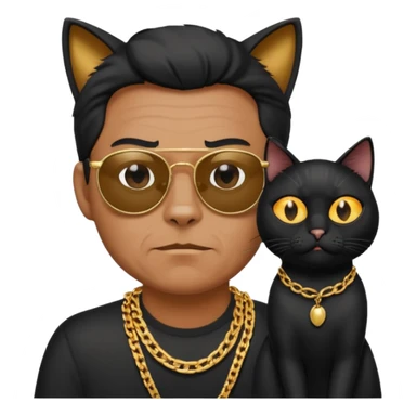 Freaky Larry is a cat with a gold chain and sunglasses standing behind a scared man with no facial hair. Make sure the cat is black sticker