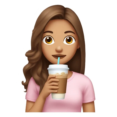 girl drinking an iced coffee with long brown hair half up half down and baby pink top sticker