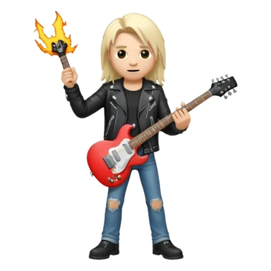 3D Apple-style emoji of a metal musician holding an electric guitar with a bold "ROCK" sign above. Long hair, black leather jacket, ripped jeans, intense expression. Rounded, glossy, smooth, soft shadows, white background.











 sticker