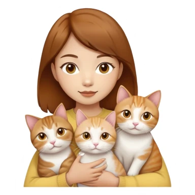 Asian girl, brown hair, brown eyes skin tone almond holding three cats one ginger, one yellow white one British short hair cream colour sticker