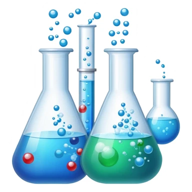 An icon featuring laboratory flasks with tubes, symbolizing chemistry. The design includes liquid and powder substances, a chemical reaction with bubbles, and molecular formulas, representing chemical processes like hydrolysis. Transparent background sticker