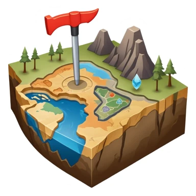 An icon featuring a crowbar and a geological map, and layers of Earth’s crust, symbolizing geology. The design includes mineral samples, fossils, and tectonic plates, representing the study of Earth’s structure and natural processes. Transparent background highlights geological exploration sticker