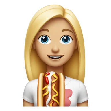 Blonde girl with blue eyes with a hot dog sticker